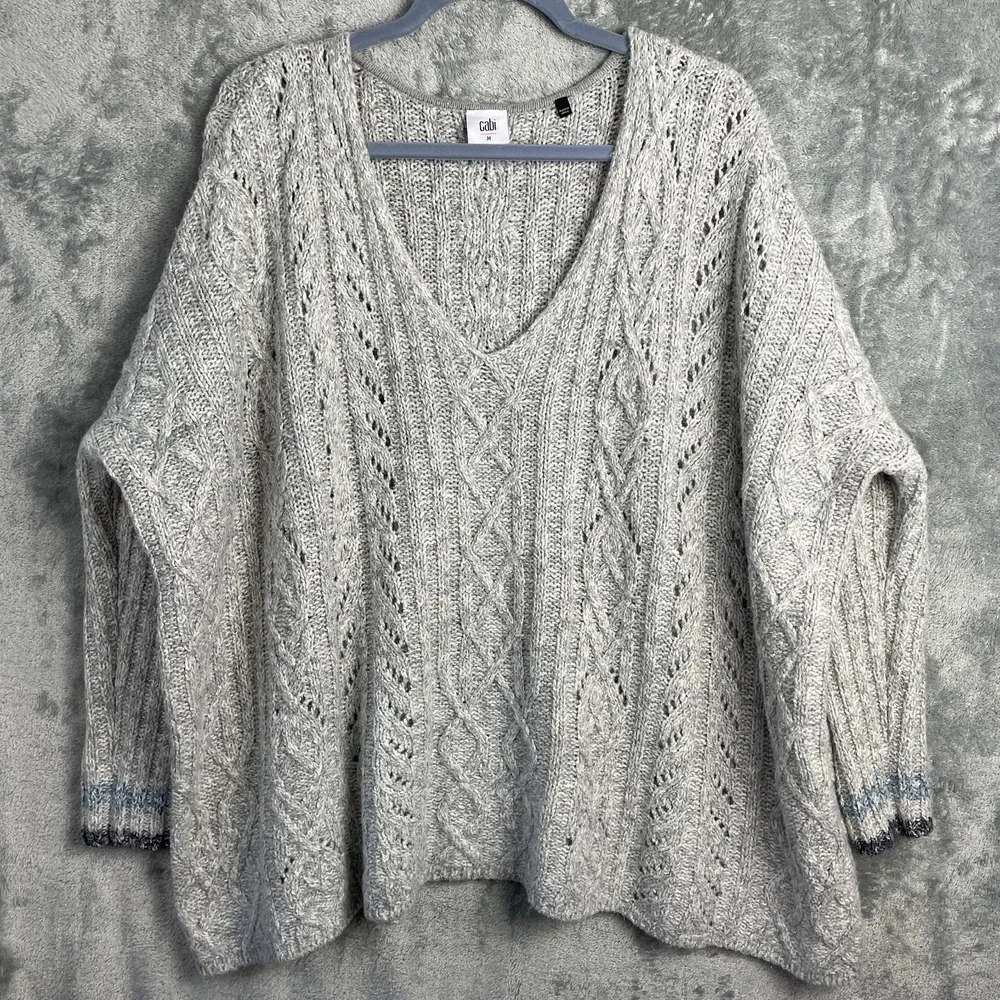 CAbi Horizon Sweater Medium Gray Style‎ 3848 Cable Knit Boxy Pullover Slouchy